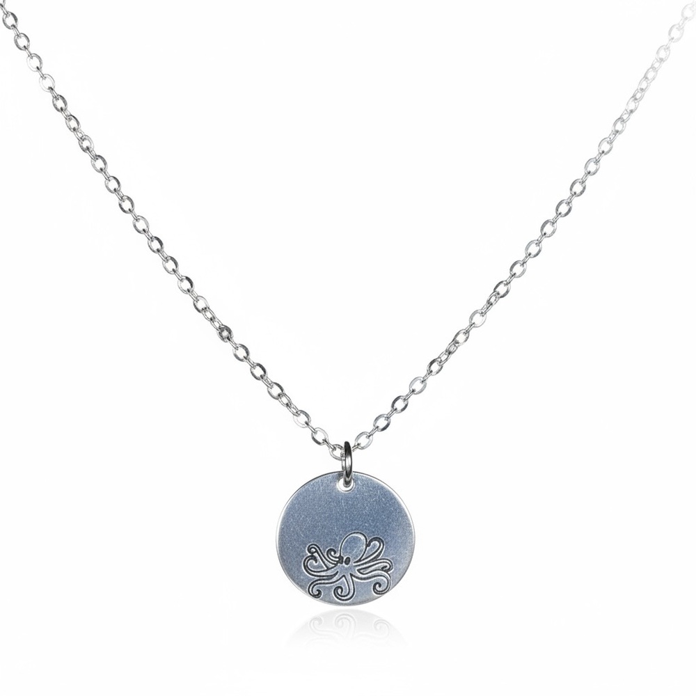 Handmade stamped octopus silver 20 inch stainless steel chain dainty‎ necklace